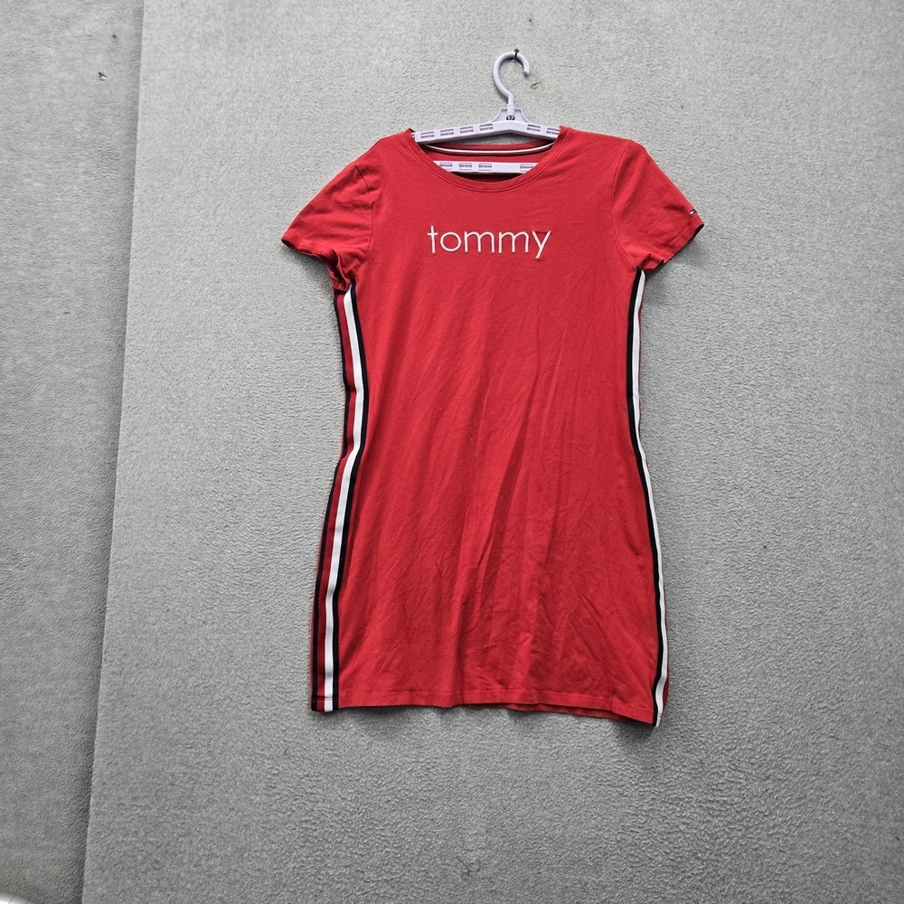 Tommy Hilfiger Women Dress M Red Striped Mini T Shirt Embroidered Logo Pullover